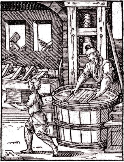 Paper Production, a woodcut illustration by Jost Amman from The Book of Trades, 1568