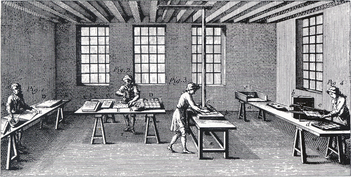 interior view of playing card workshop where colouring, polishing and cutting operations are taking place