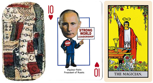 Above left: a set of Spanish playing cards from 1638 was discovered inside a prison wall during demolition, likely used for gambling by prisoners. Above center: Trump Presidential playing cards, playing cards are often used for political messages. Above right: the Magician from the popualr Rider-Waite tarot, which has become the template for modern tarot decks.
