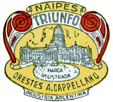 logo on Four of Cups from Naipes TRIUNFO by Orestes A. Cappellano, Buenos Aires, c.1940-45