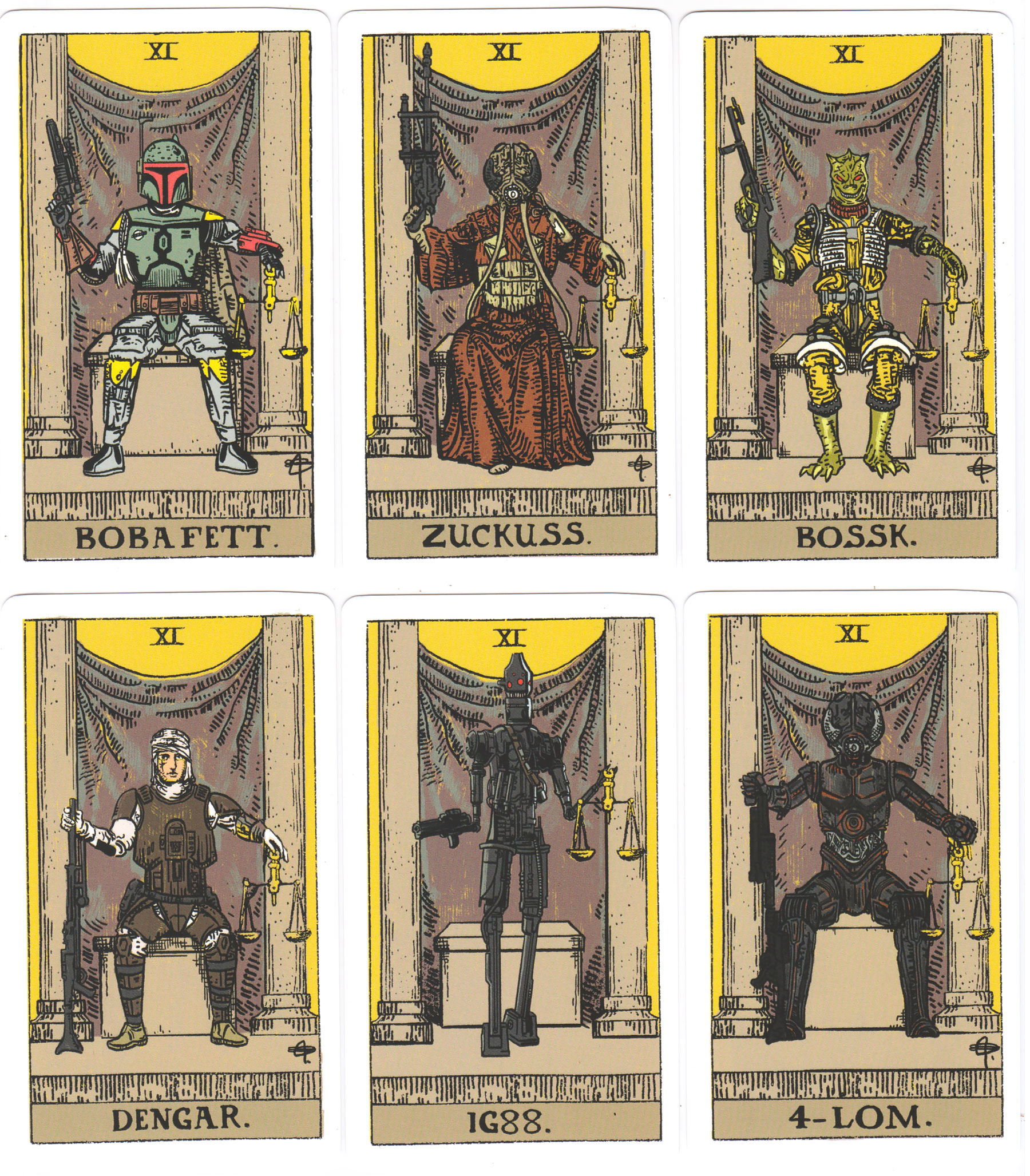 A collection of six Justice tarot cards from The Tarot Strikes Back series, each card featuring a well-known Star Wars bounty hunter. The characters include Boba Fett, Zuckuss, Bossk, Dengar, IG-88, and 4-LOM, presented with their signature weapons and standing before drapery and scales, the traditional symbol of Justice.