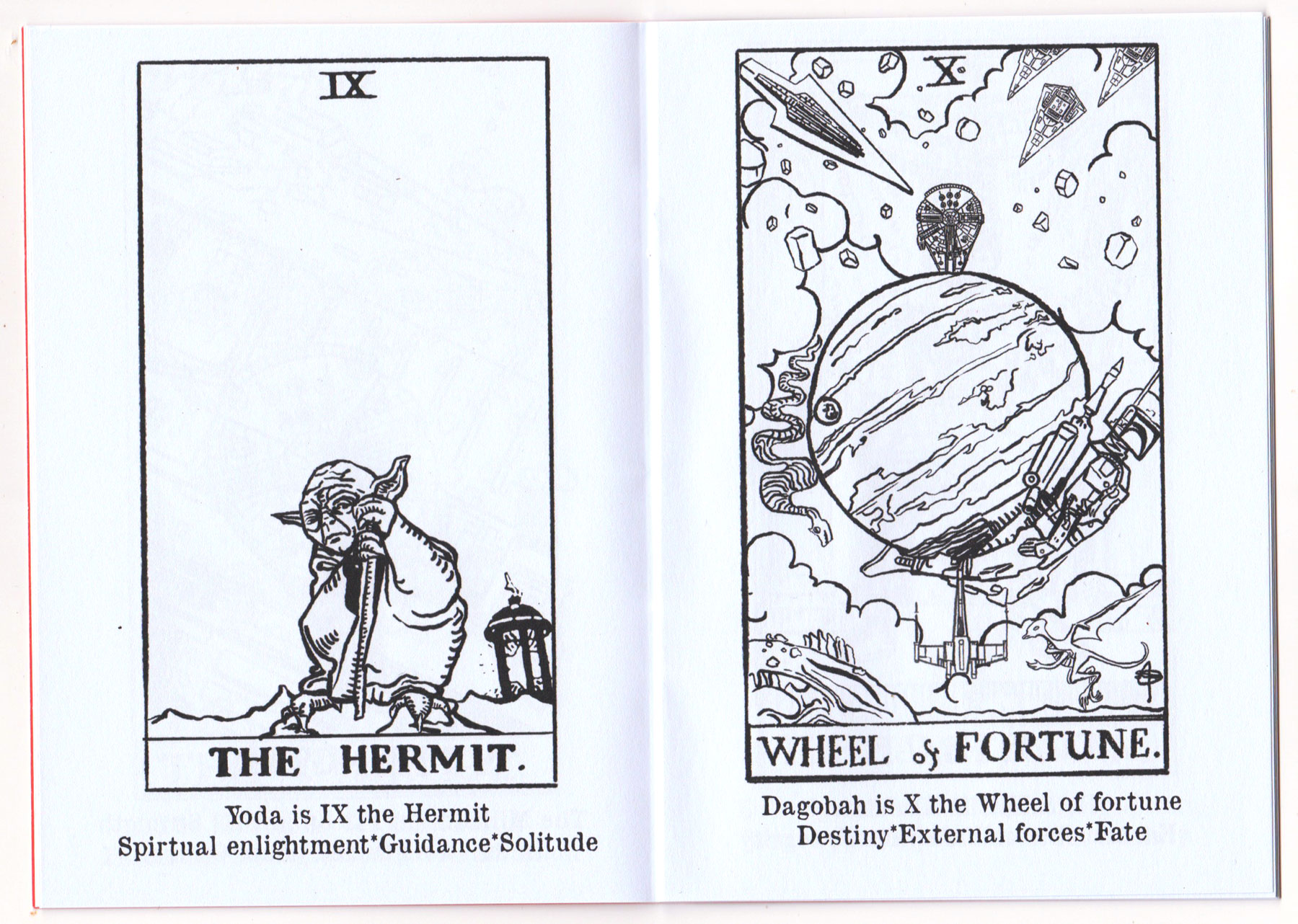 An open coloring book with two tarot card illustrations • On the left, card IX titled THE HERMIT features Yoda with a staff, and the text below reads Yoda is IX the Hermit: Spiritual enlightenment • Guidance • Solitude. On the right, card X titled WHEEL OF FORTUNE shows the planet Dagobah with a spaceship, and the text below reads Dagobah is X the Wheel of fortune: Destiny • External forces • Fate.