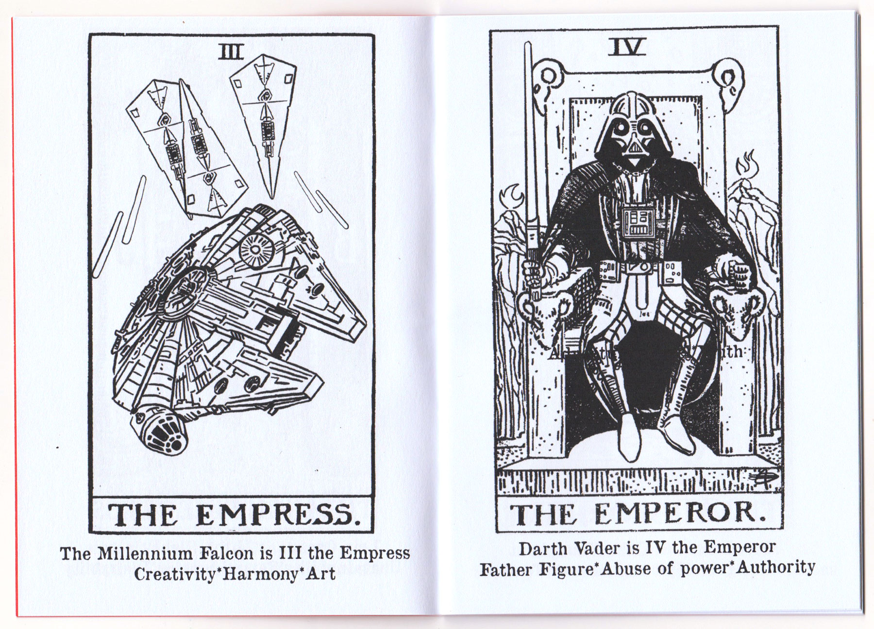 An open coloring book featuring two Star Wars-themed tarot cards. On the left is card III titled THE EMPRESS, showcasing an illustration of the Millennium Falcon, with the text below reading The Millennium Falcon is III the Empress: Creativity • Harmony • Art. On the right is card IV titled THE EMPEROR, with an illustration of Darth Vader, and the text below reading Darth Vader is IV the Emperor: Father Figure • Abuse of power • Authority.