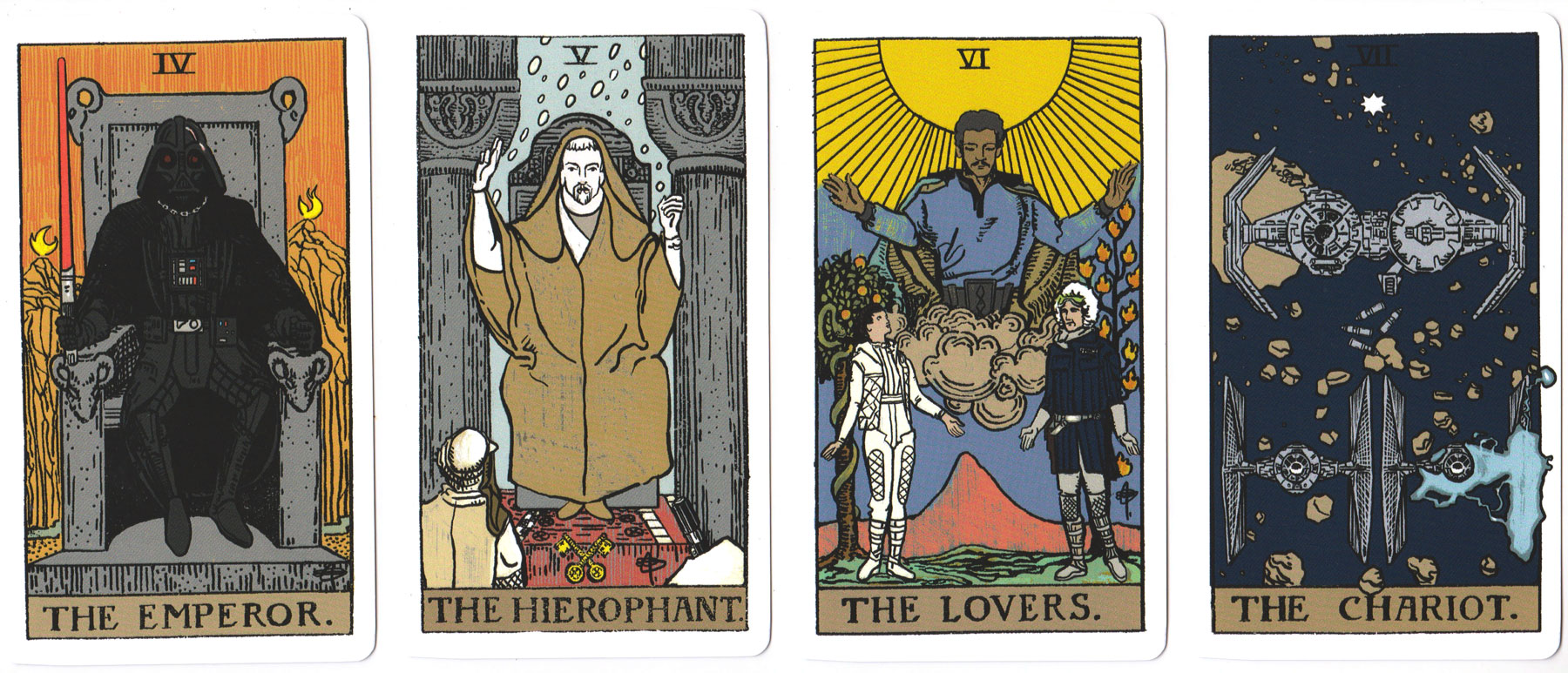 Four tarot cards from The Tarot Strikes Back series depicting Star Wars characters. The Emperor card features Darth Vader, The Hierophant is portrayed by Obi-Wan Kenobi, The Lovers show Han Solo and Princess Leia with a central figure, and The Chariot is illustrated by TIE fighters flanking the Millennium Falcon.