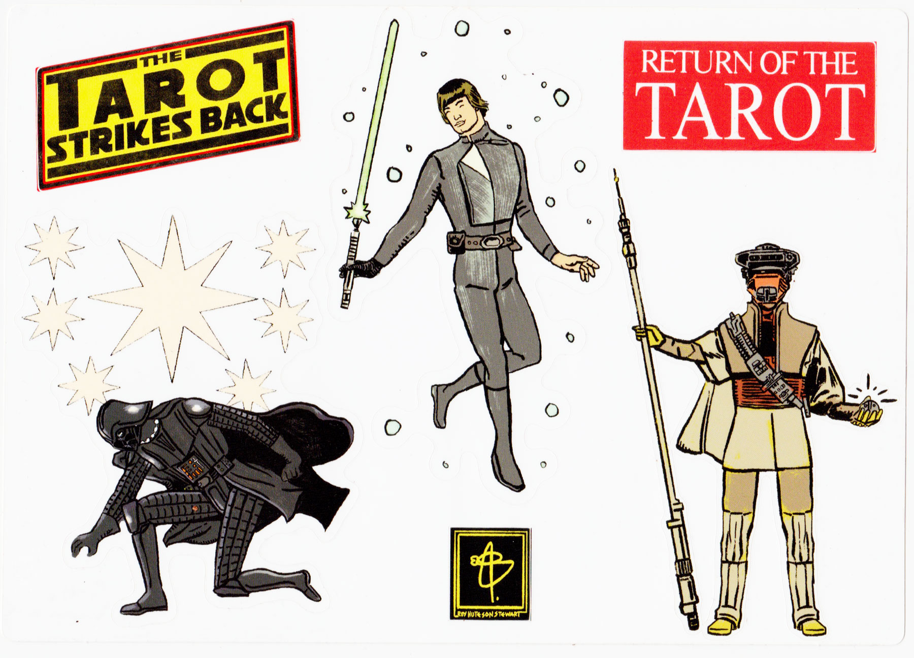 A sticker set from The Tarot Strikes Back series. On the left, Darth Vader is shown kneeling with stars around him. In the middle, a character resembling Luke Skywalker is floating with a lit green lightsaber. The right sticker depicts a figure in a helmet and cloak, holding a staff, identified as Princess Leia in her Boushh disguise, with RETURN OF THE TAROT text above. Below the central image is the artist Roy Huteson Stewart's signature.