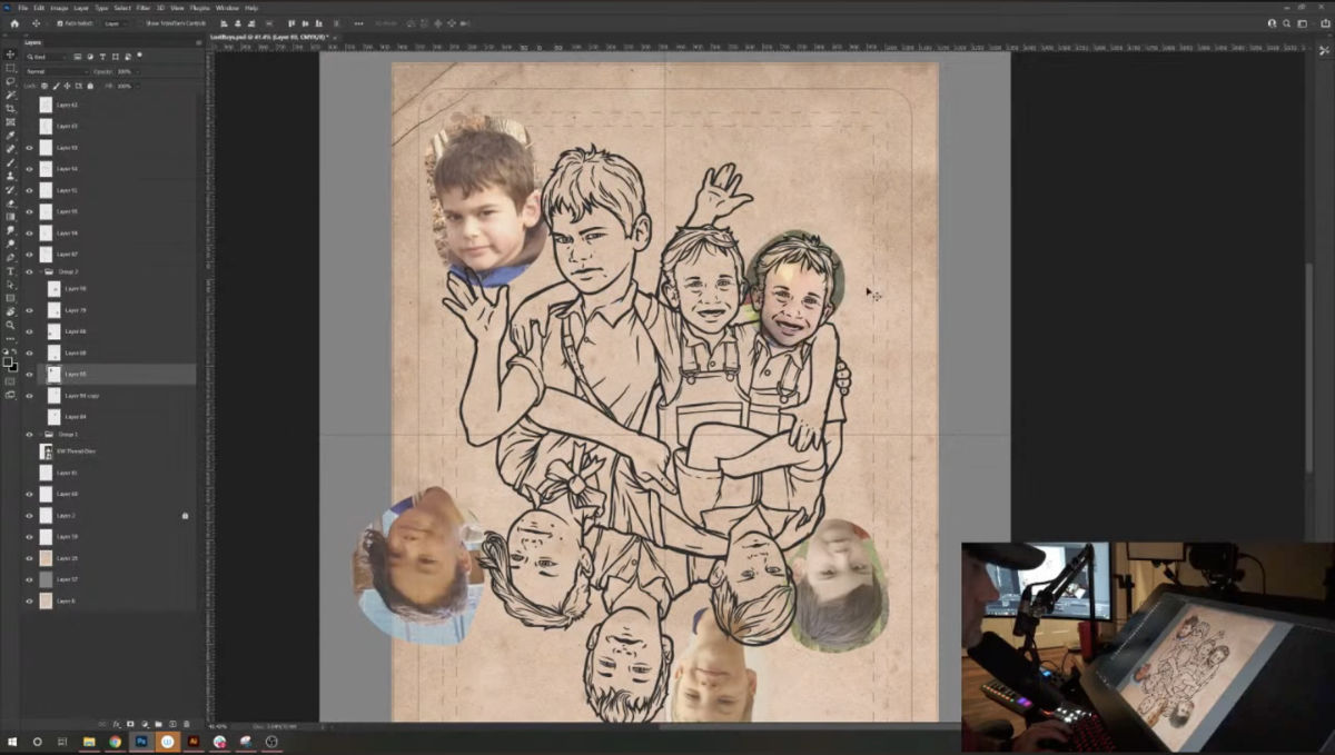 Screen grab from Robinson’s Peter Pan project live stream, showing the Lost Boys artwork in progress.