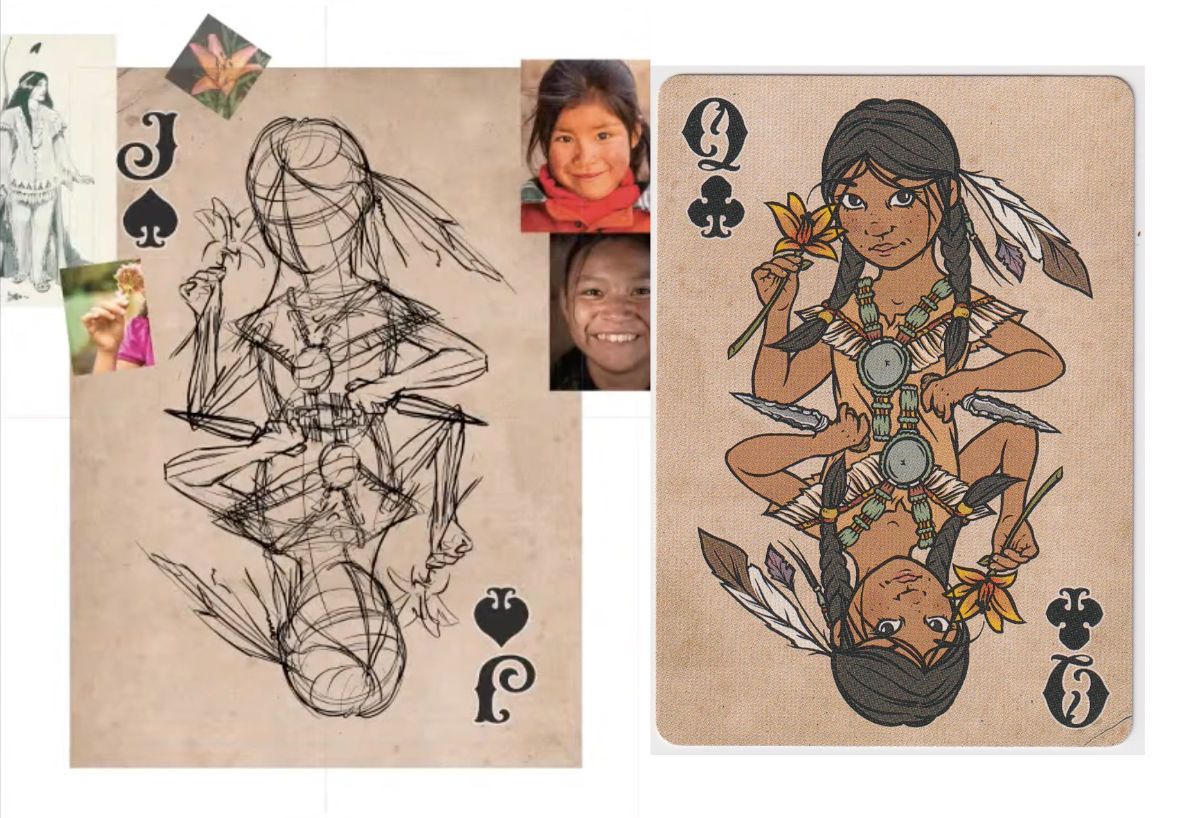 Robinson’s digital working file for Peter Pan, with a rough sketch beside the finished card artwork.
