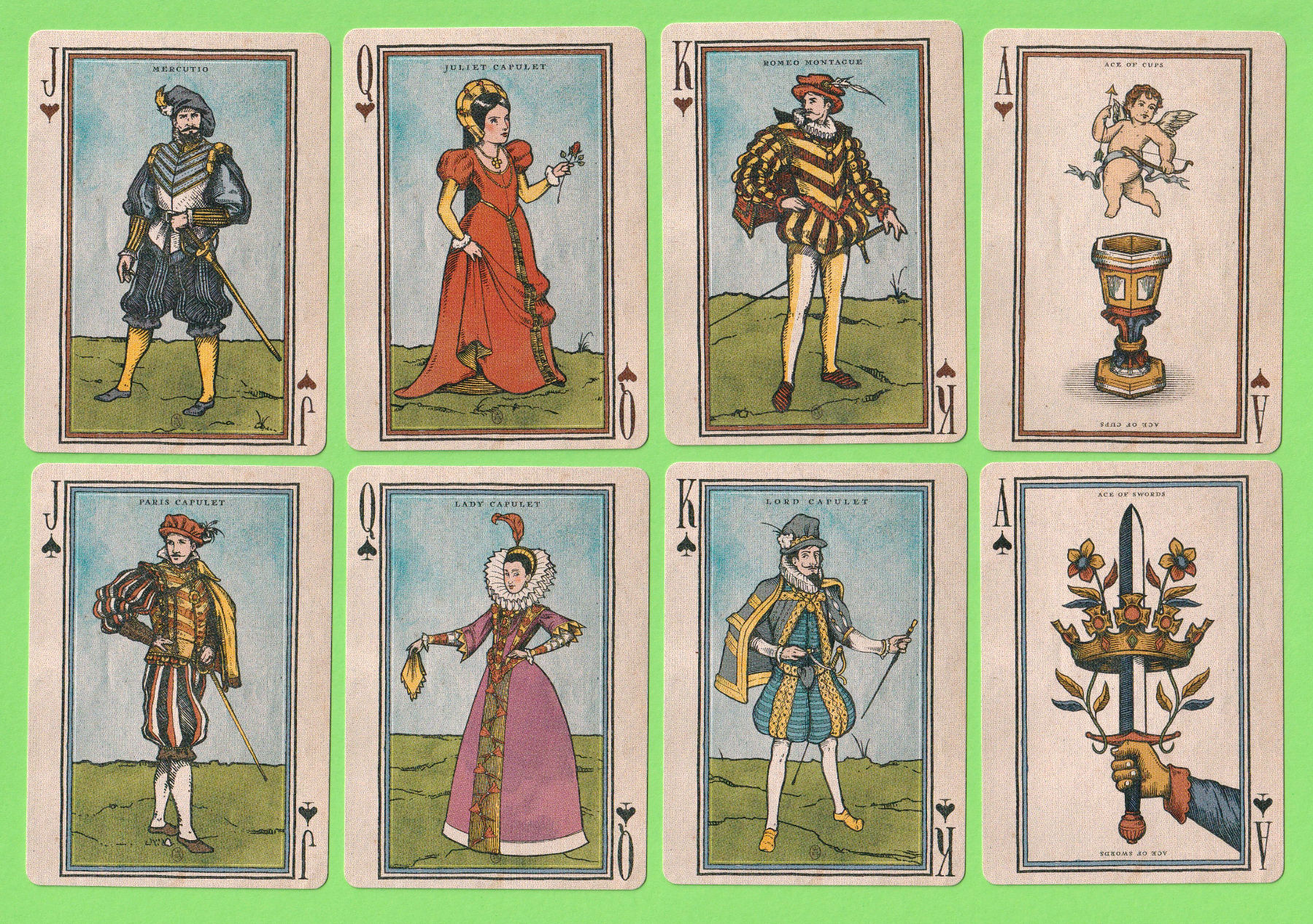 Mercutio, Juliet, Romeo, the Ace of Cups, Paris, Lady Capulet, Lord Capulet and the Ace of Swords