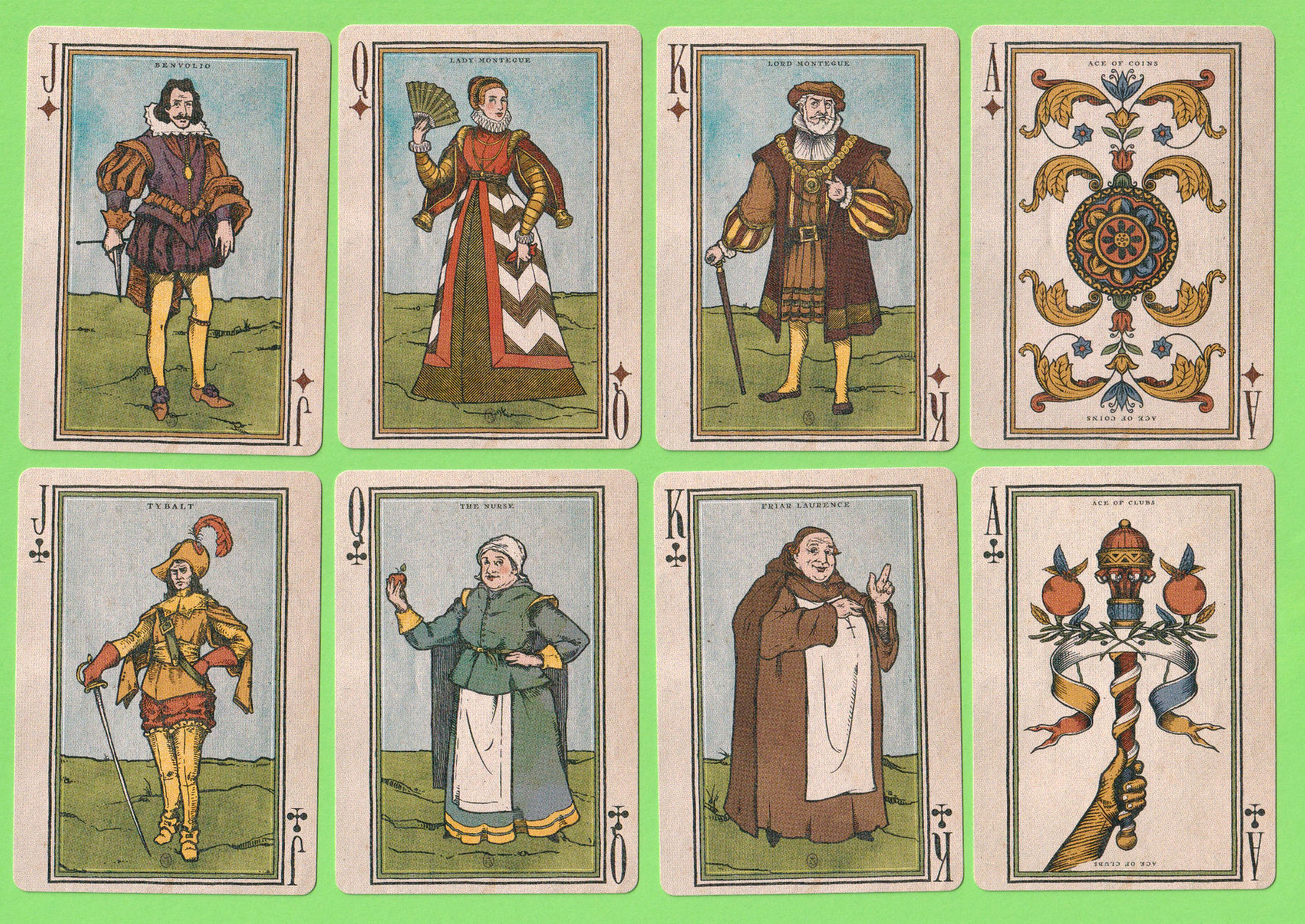 Benvolio, Lady Montague, Lord Montague, the Ace of Coins, Tybalt, the Nurse, Friar Laurence and the Ace of Clubs