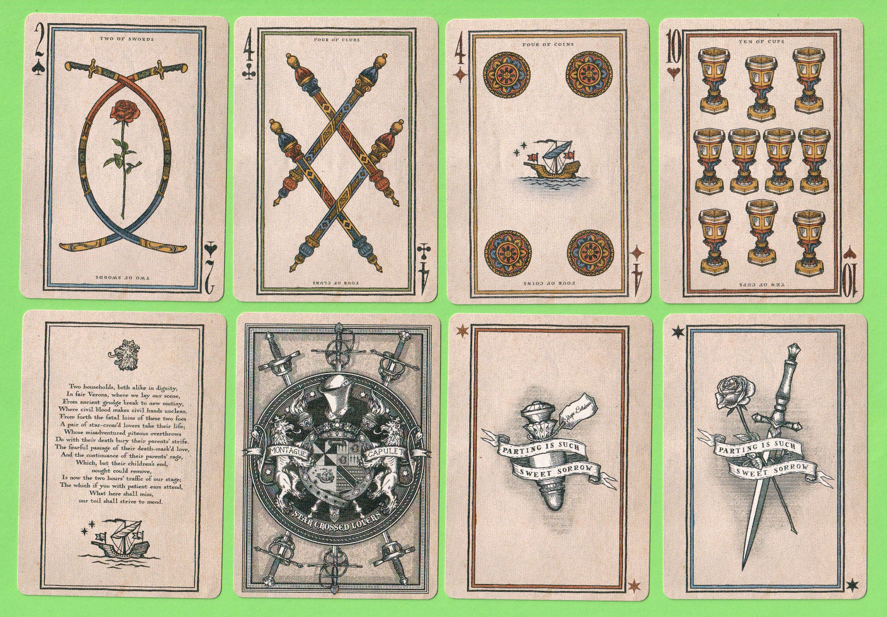 Two of Swords, Four of Clubs, Four of Coins and Ten of Cups, with the prologue card, back design and motto cards below