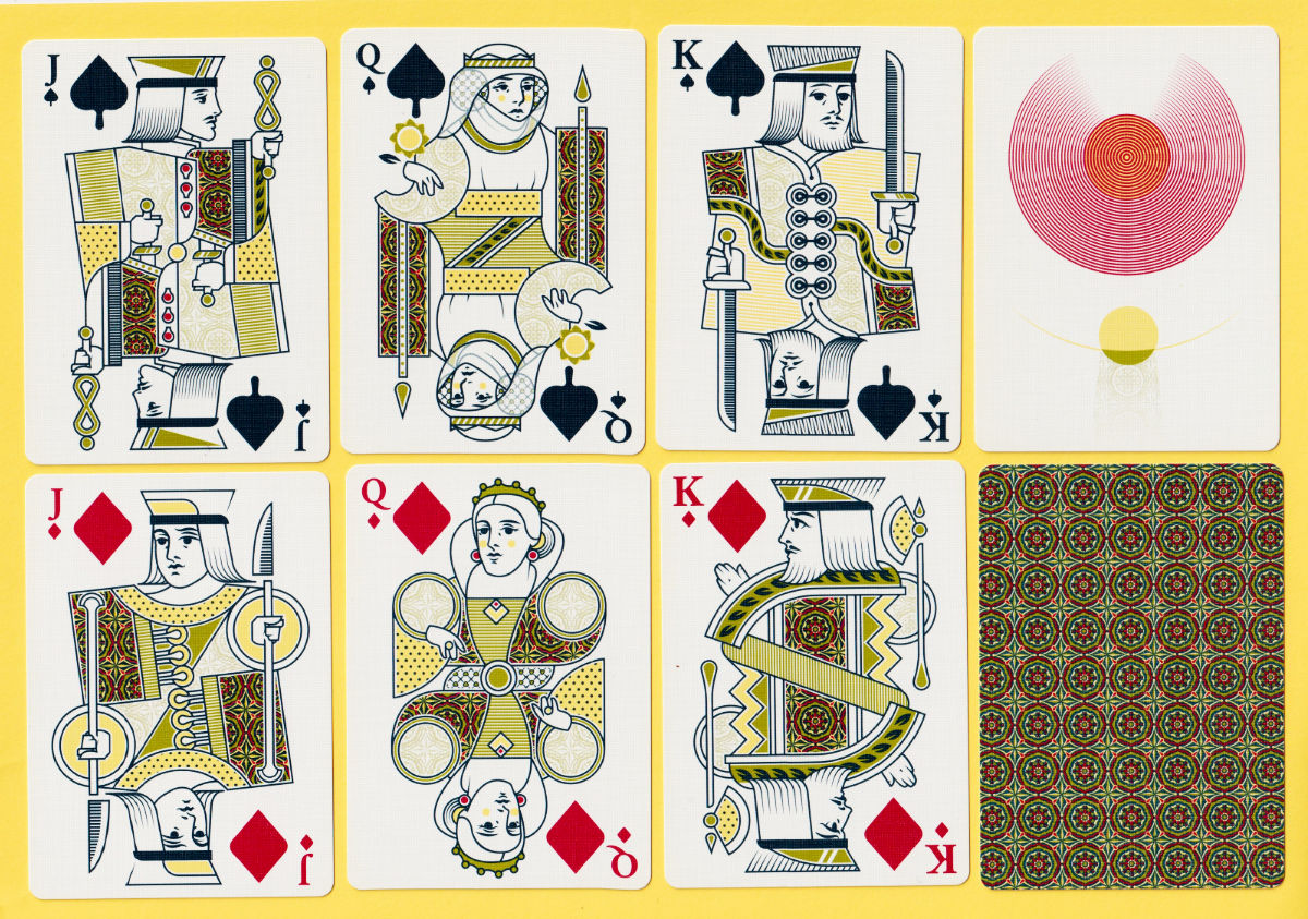 Spades and diamonds courts with the sun-motif card and patterned back design