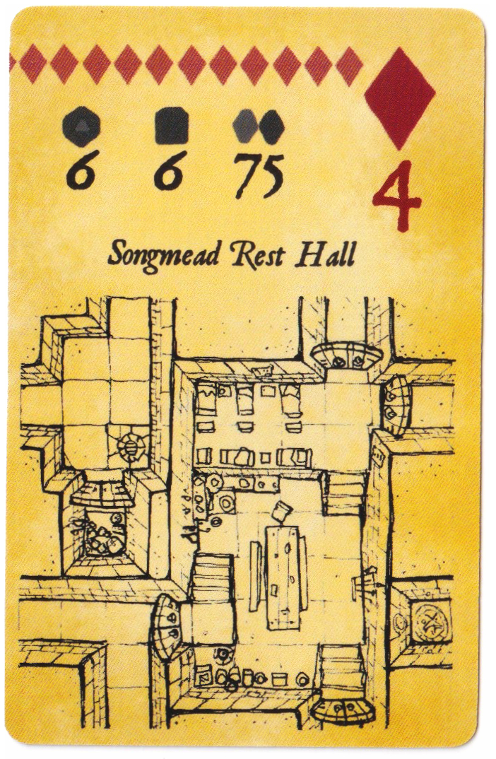 Dungeon Map Playing Cards map card showing dice results, suit, number, title and floor plan