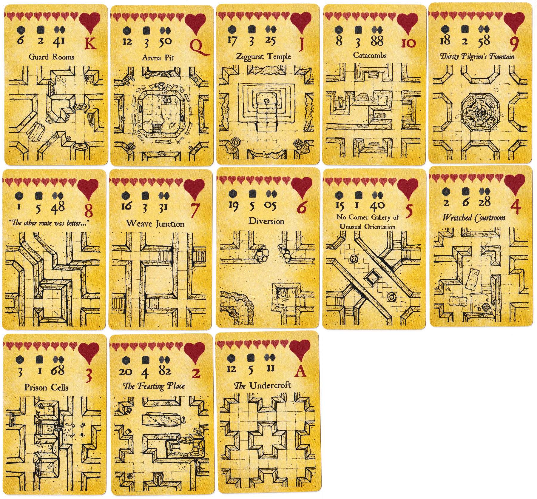 Hearts suit cards including Guard Rooms, Arena Pit and Ziggurat Temple