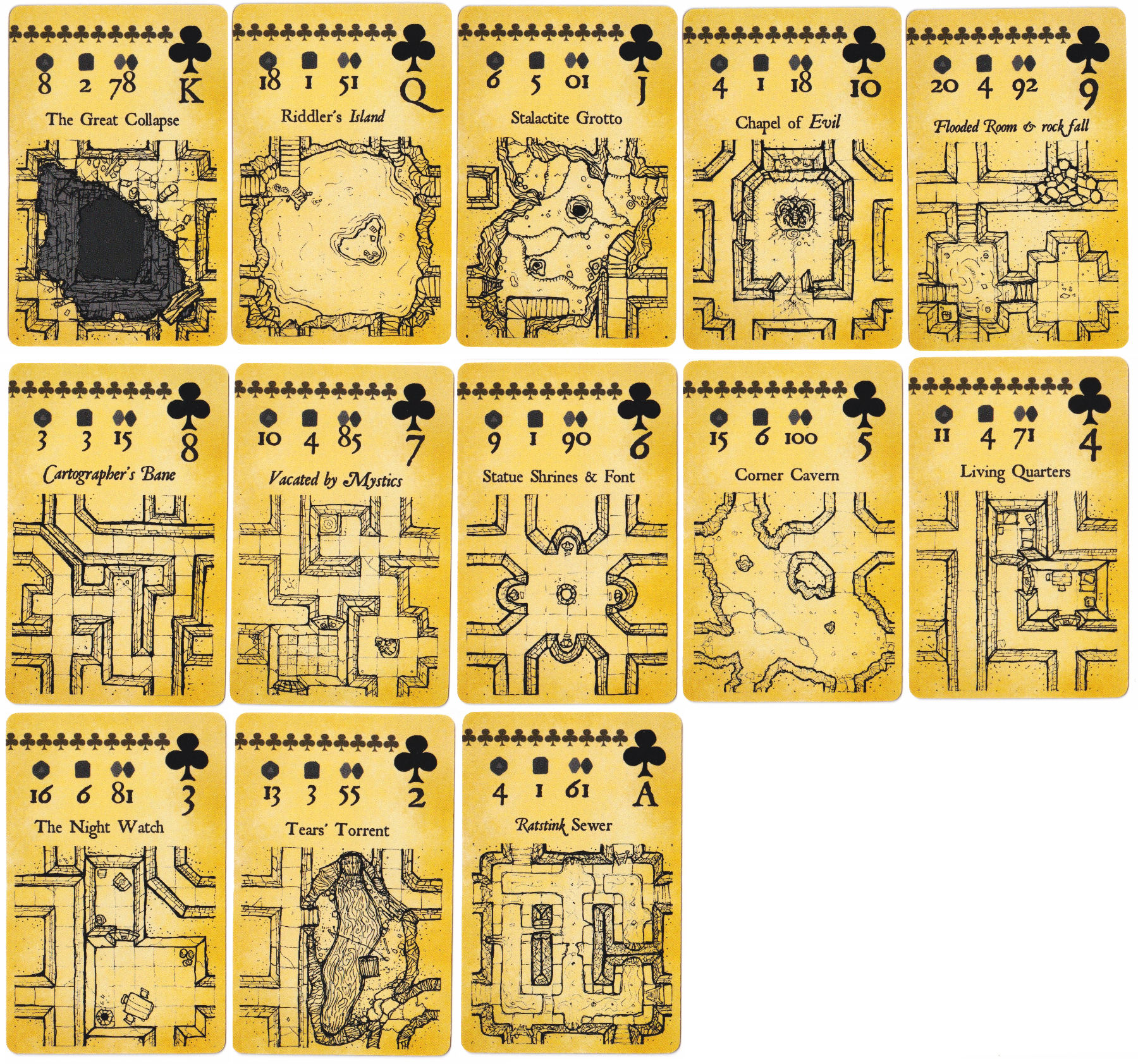 Clubs suit cards including The Great Collapse, Riddler's Island and Stalactite Grotto