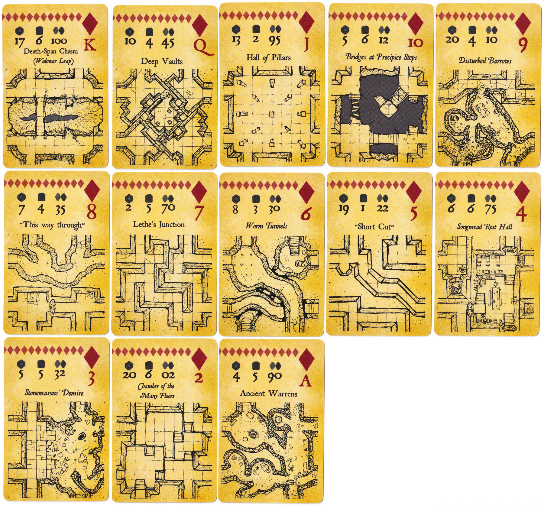 Diamonds suit cards including Death-Span Chasm, Deep Vaults and Ancient Warrens