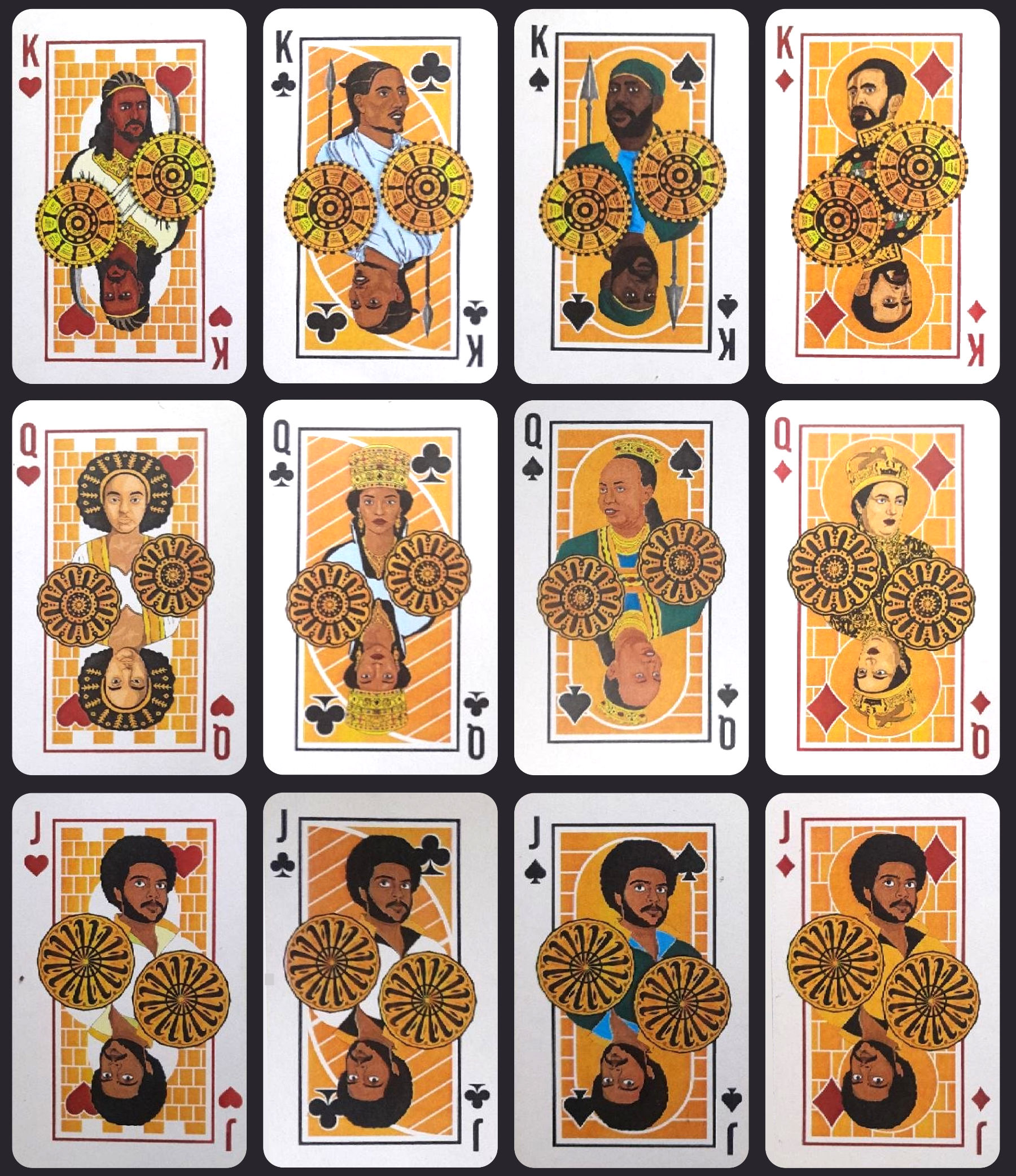 Kings, queens, jacks and aces from the four suits of the Zewd Historical Deck.
