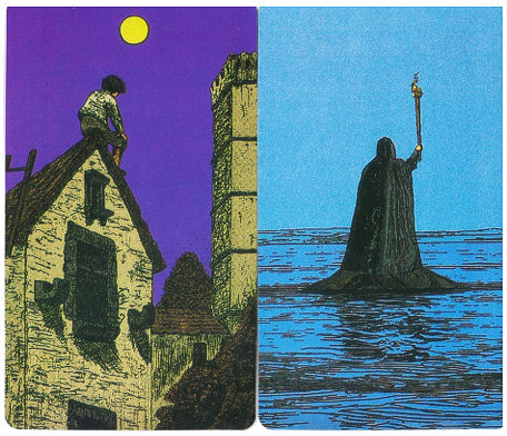 Two additional cards from The Somnia Tarot, showing a figure on a rooftop and a robed figure standing in the sea