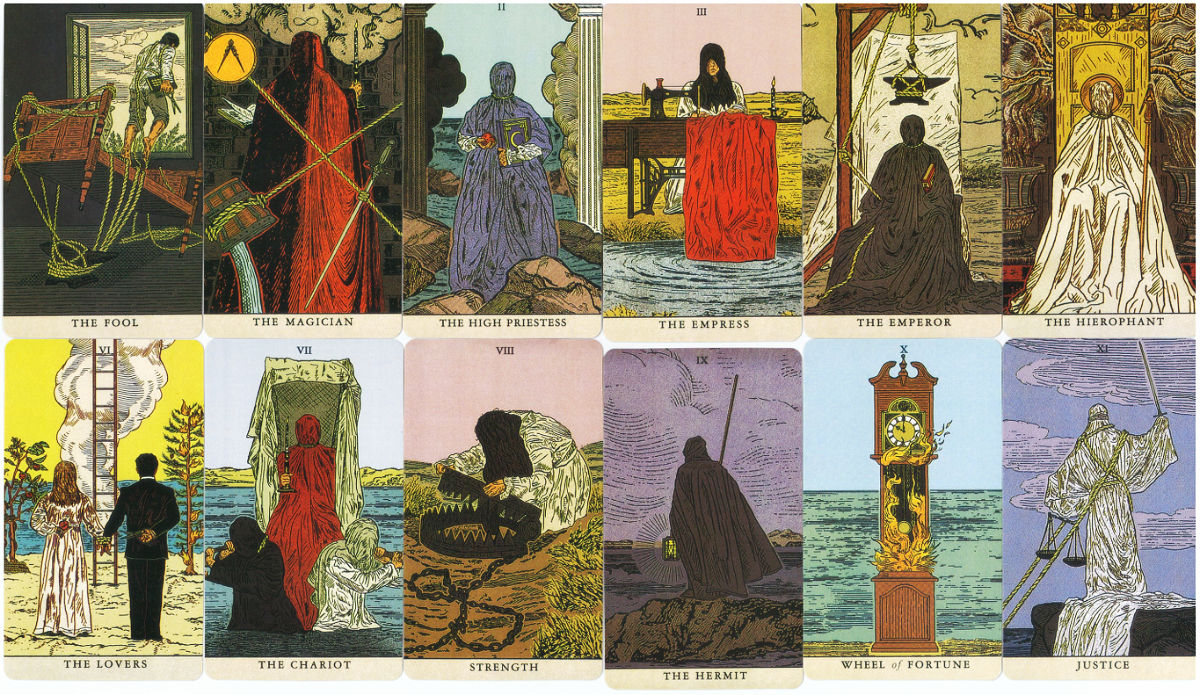 The first twelve Major Arcana cards from The Somnia Tarot, from The Fool through Justice