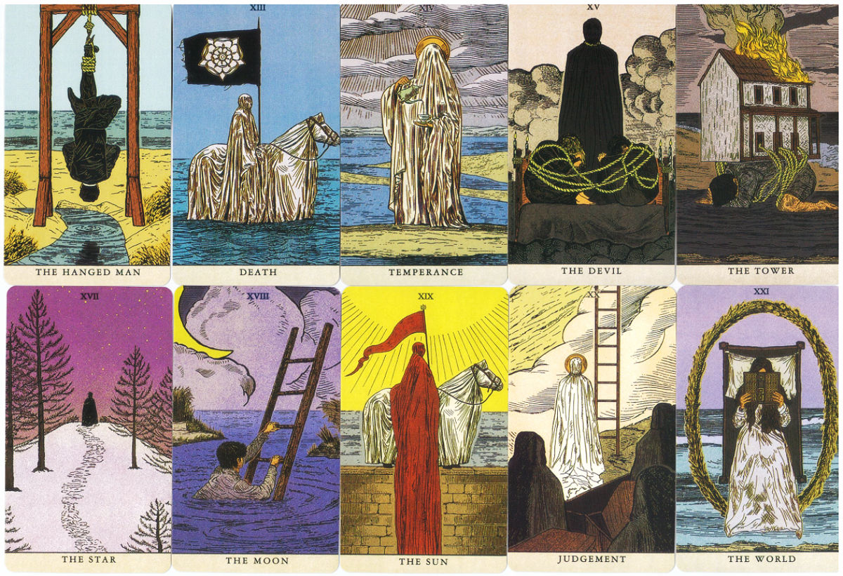 The second twelve Major Arcana cards from The Somnia Tarot, from The Hanged Man through The World