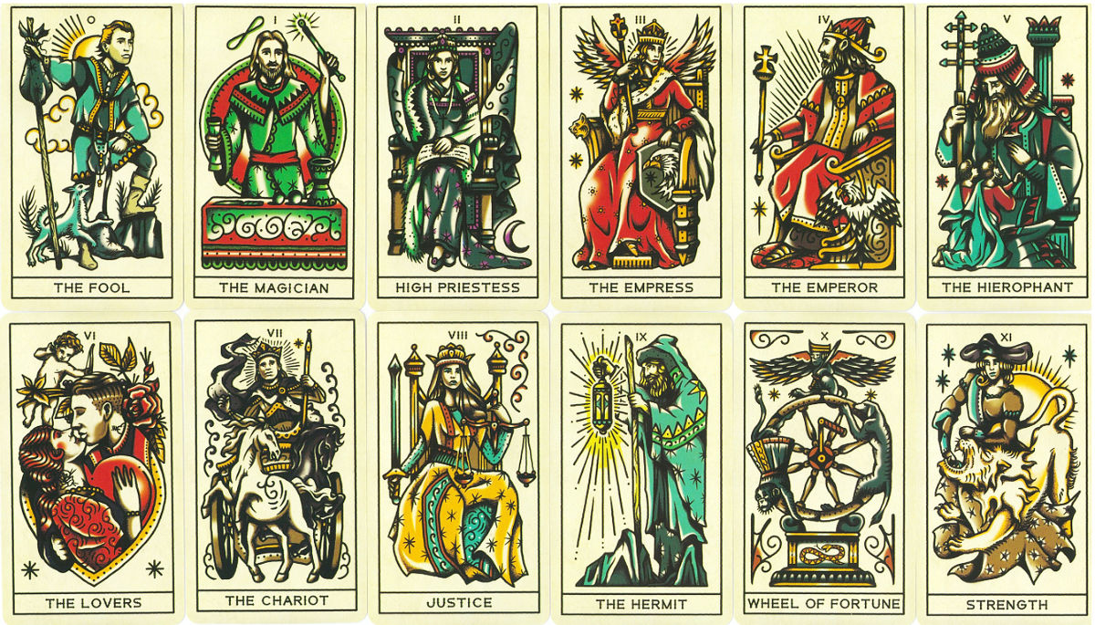 Tattoo Tarot Major Arcana cards from The Fool through Strength