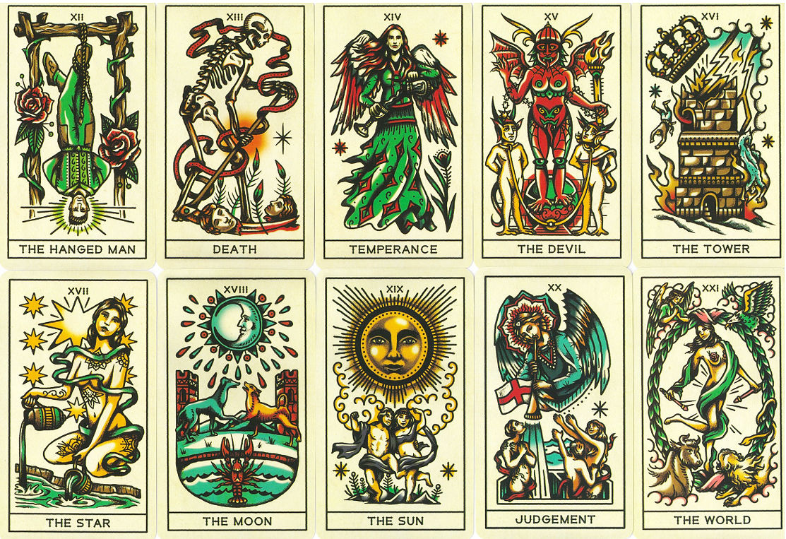 Tattoo Tarot Major Arcana cards from The Hanged Man through The World