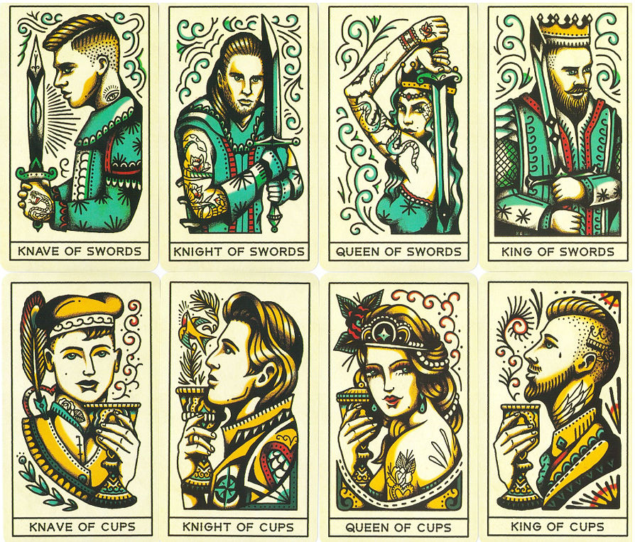 Tattoo Tarot court cards from the Swords and Cups suits