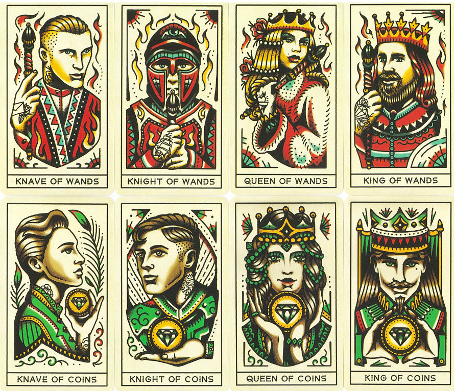 Tattoo Tarot court cards from the Wands and Coins suits
