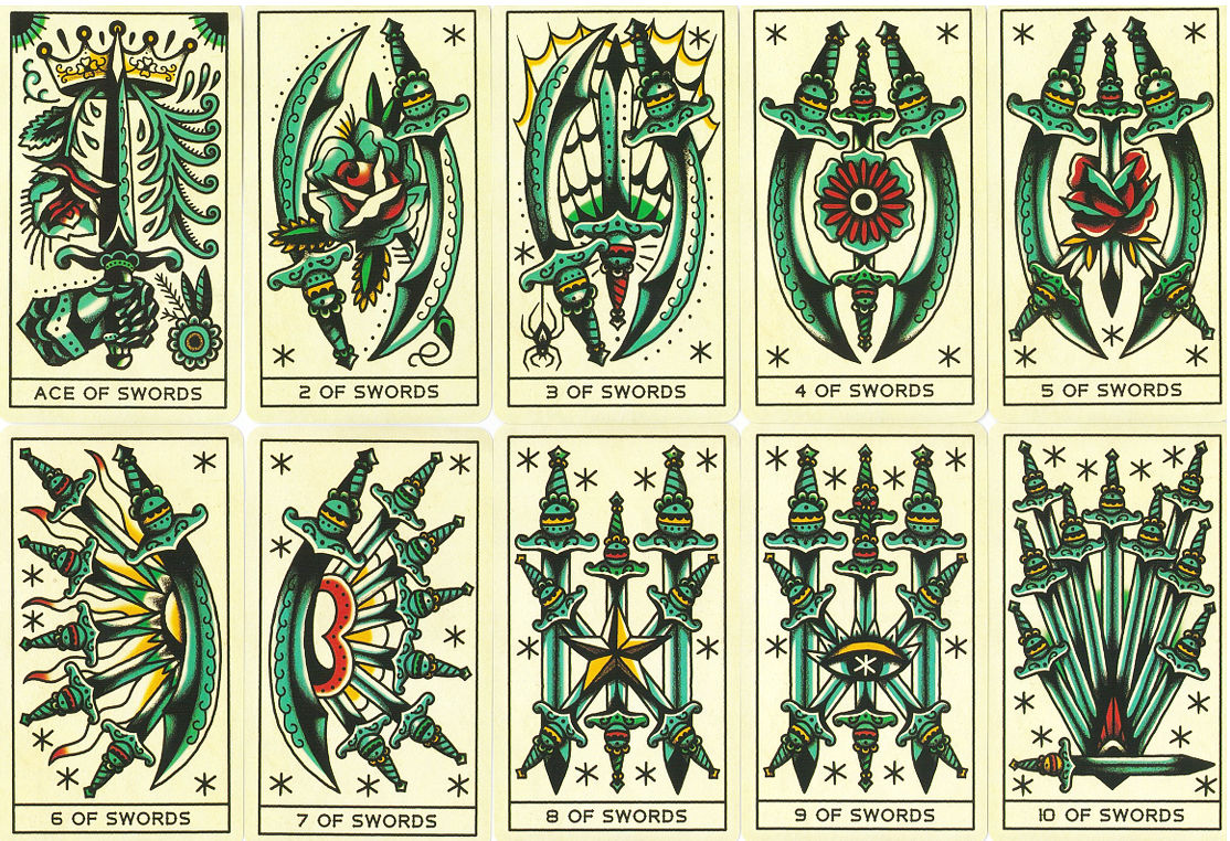 Tattoo Tarot Swords cards from Ace through Ten