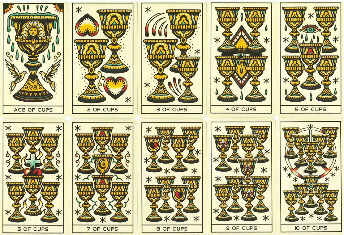 Tattoo Tarot Cups cards from Ace through Ten