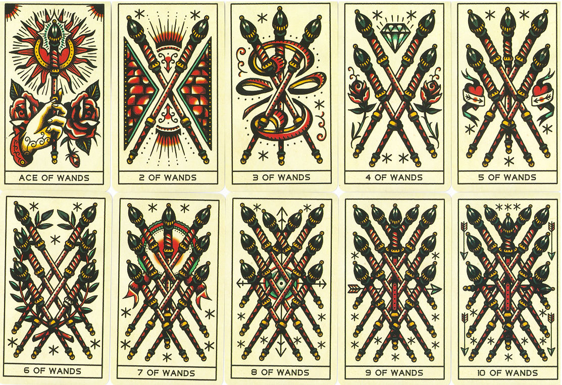 Tattoo Tarot Wands cards from Ace through Ten