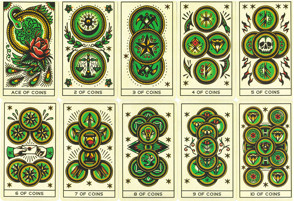Tattoo Tarot Coins cards from Ace through Ten