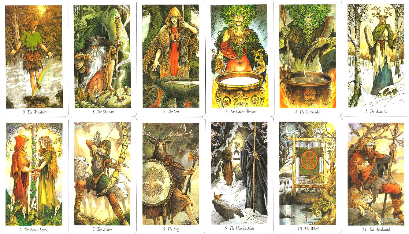 The first twelve Major Arcana cards from The Wildwood Tarot, from The Wanderer through The Woodward
