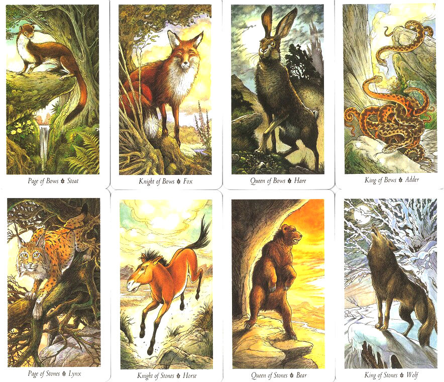 Bows and Stones court cards from The Wildwood Tarot, represented by woodland animals