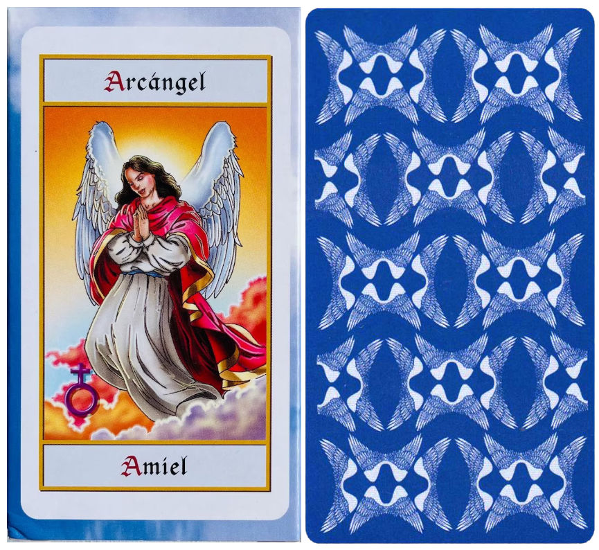 Tarot de los Angeles Archangel Amiel card front and blue patterned card back