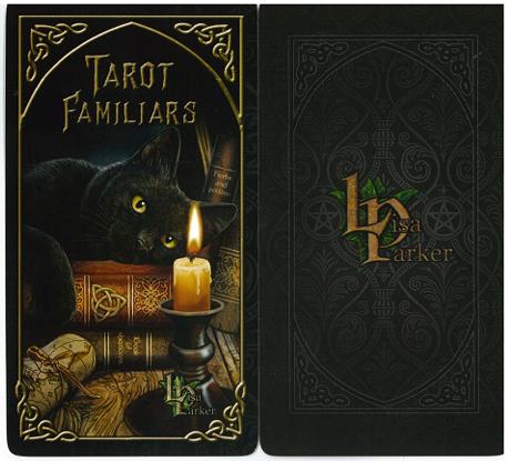 Tarot Familiars title card with a black cat and candle, alongside the card back