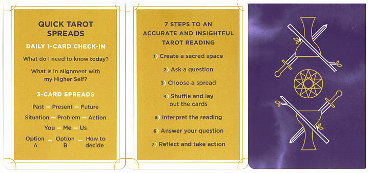 Two Everyday Tarot instruction cards with quick spreads and reading steps, beside the purple card back