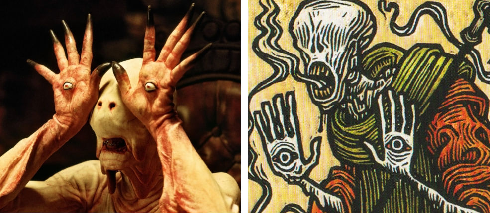 The Pale Man from Pan’s Labyrinth beside Tomás Hijo’s Tarot del Toro illustration