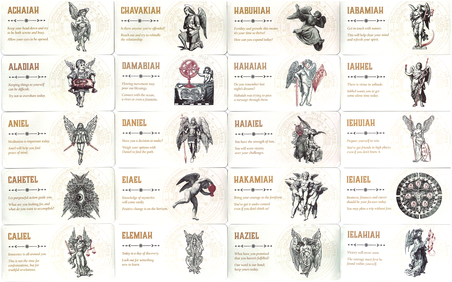 The first group of Angel of the Day card fronts, arranged alphabetically