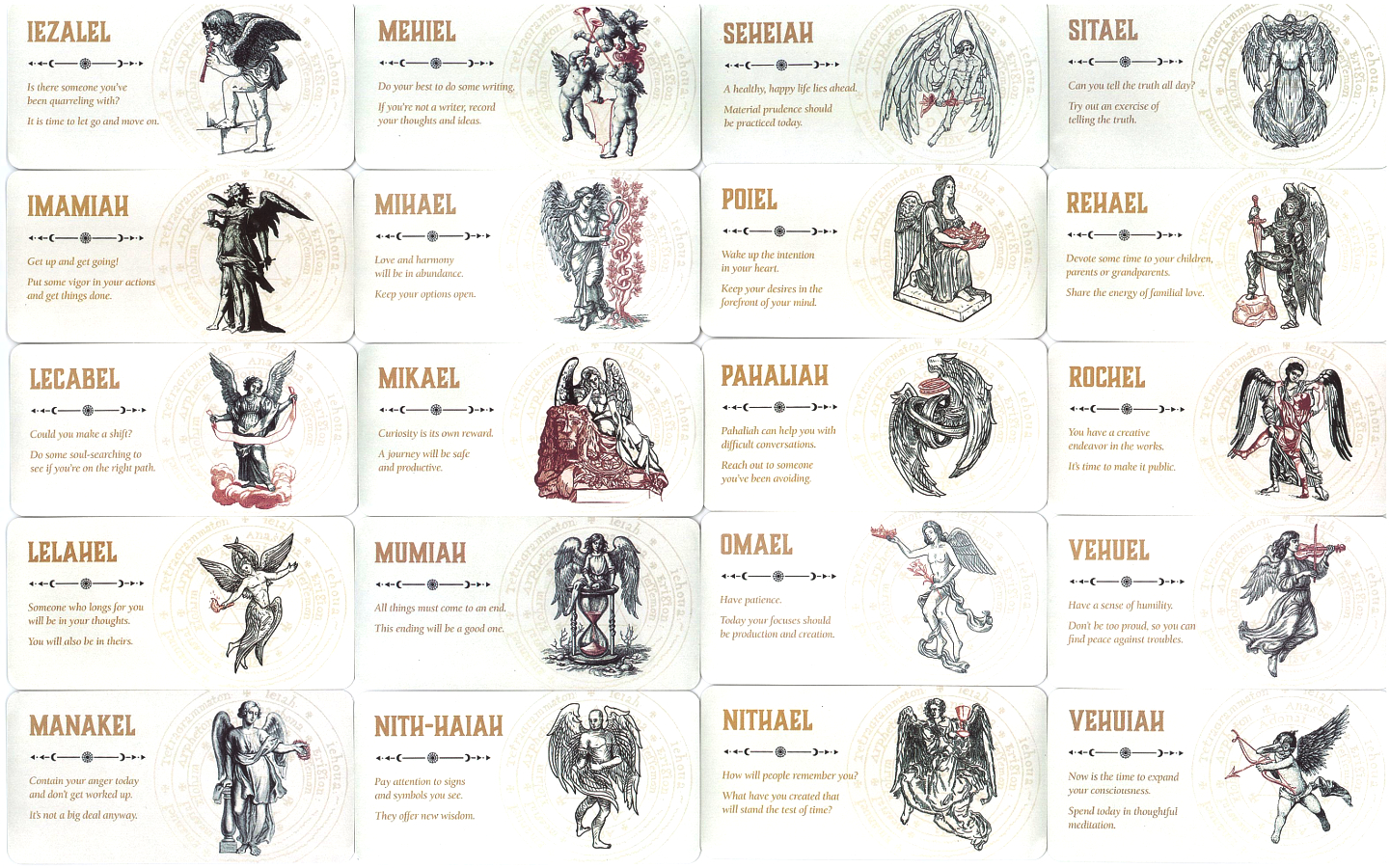 The second group of Angel of the Day card fronts, arranged alphabetically