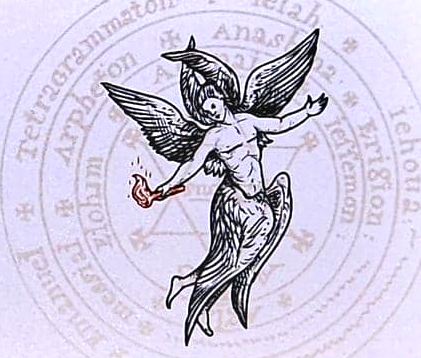The Lelahel card, showing a winged angel holding a small red staff within a pale circular field of names
