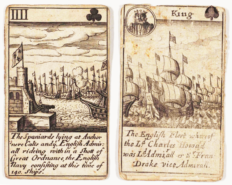 Two illustrated cards from c. 1679 depicting episodes from the Spanish Armada of 1588.