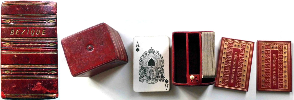 bow-fronted Bezique box in red leather with gold trim marked T. Drayton & Son, London, c.1875
