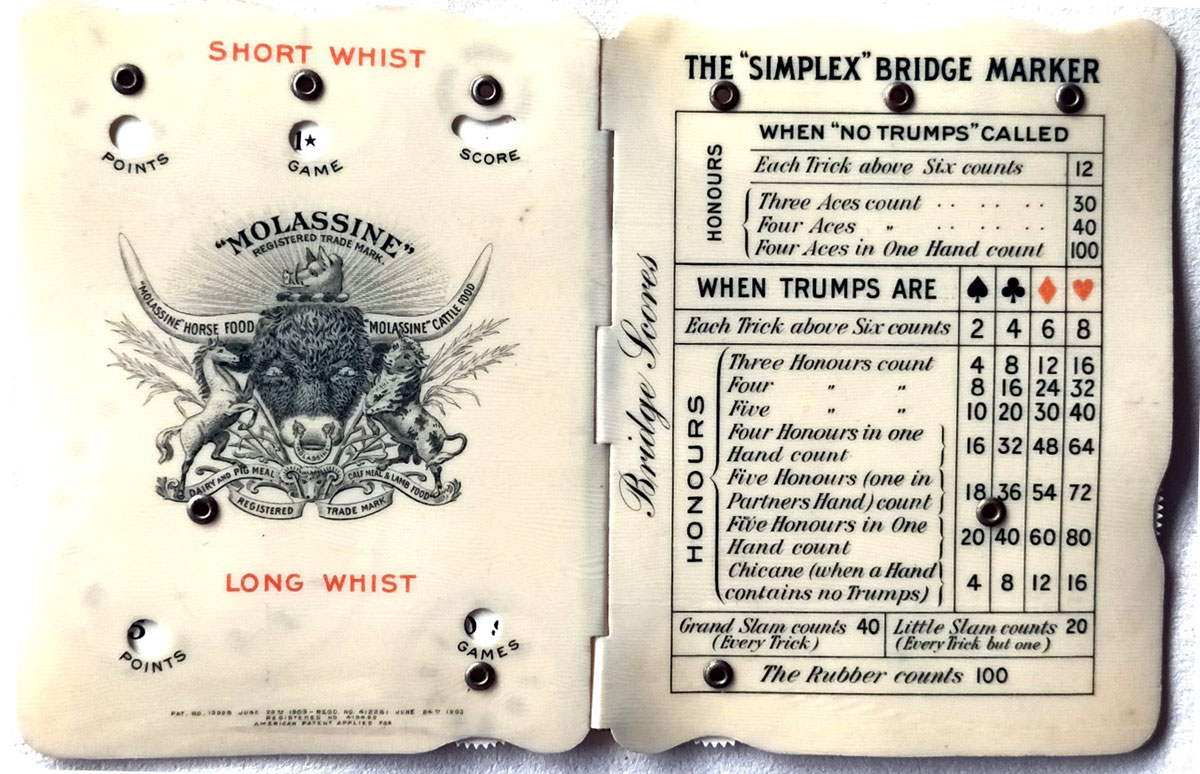 Celluloid Bridge & Whist marker promoting Maolassine Company, c.1910