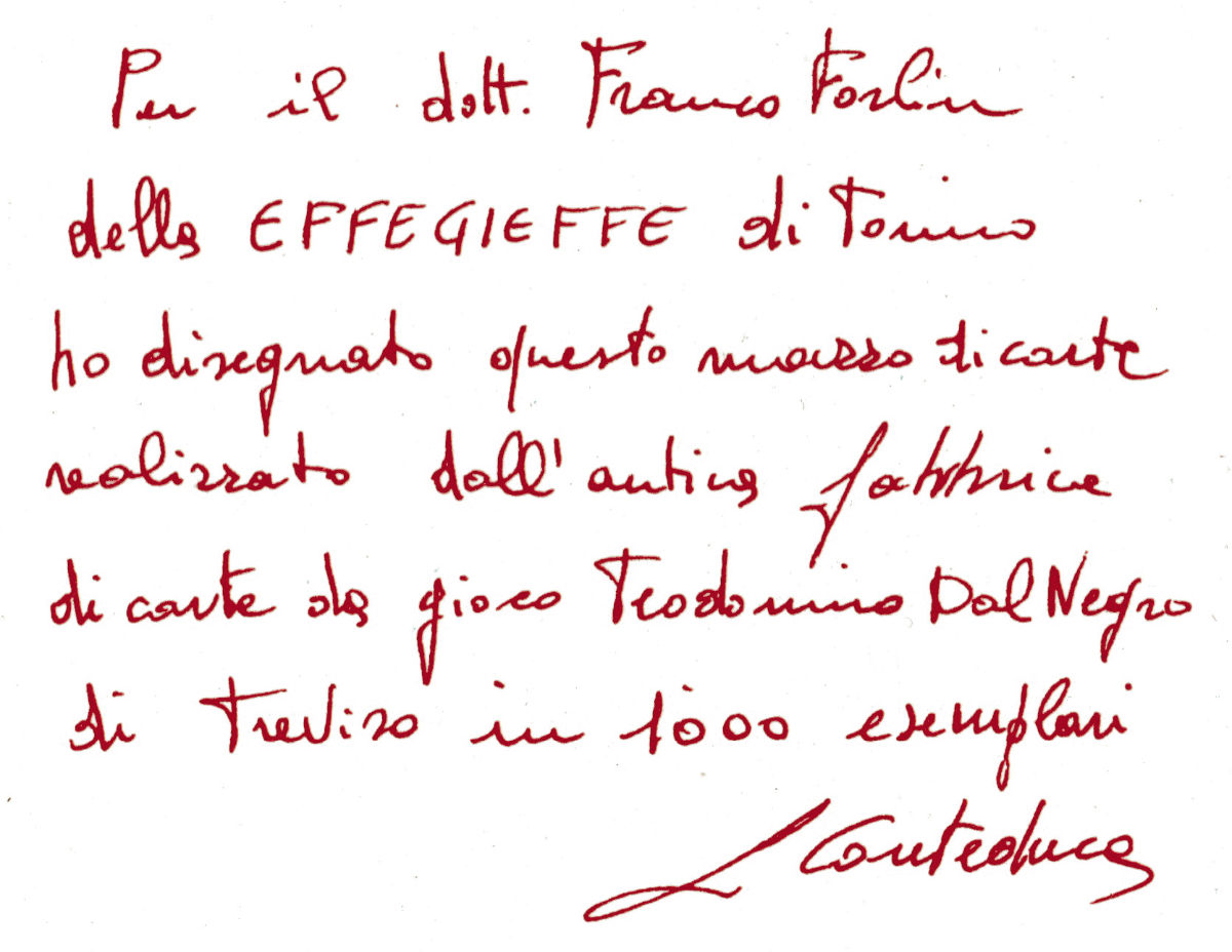 The presentation card with Luciano Conteduca's handwritten dedication, noting that the deck was created for Effegieffe and printed by Dal Negro in a limited edition of 1,000 copies.