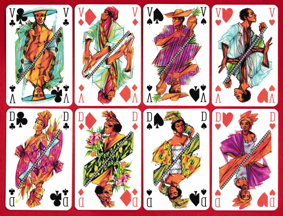 Court cards showing colourful figures in Caribbean dress from the Banque des Antilles Françaises pack