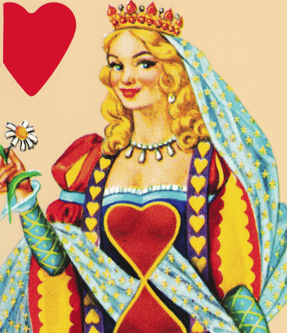 Detail of the Chambord Queen of Hearts showing a crowned Renaissance figure in a patterned costume