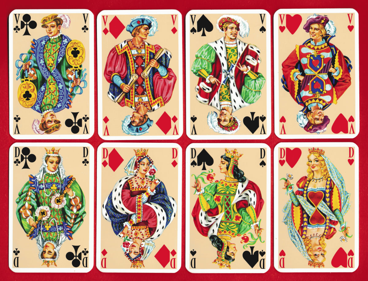Court cards from the Chambord pack showing kings, queens and jacks in detailed Renaissance costume