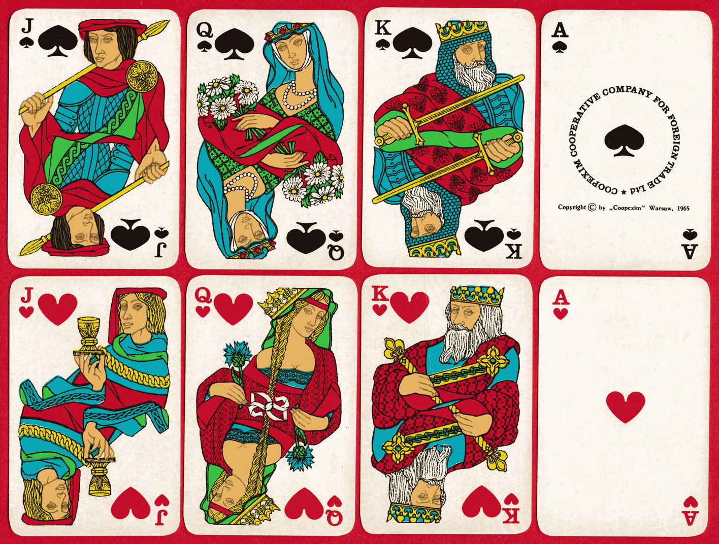 Spade and heart court cards from the COOPEXIM pack, with the Coopexim advertising mark on the ace of spades