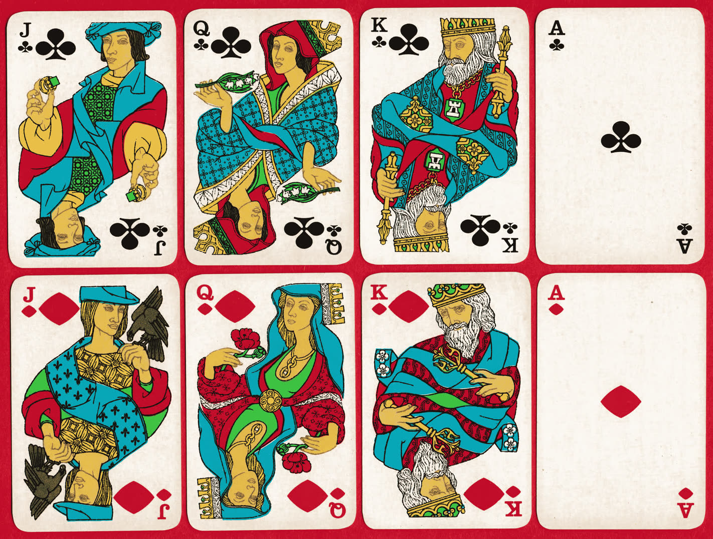 Clubs and diamonds court cards from the COOPEXIM pack in a colourful Renaissance style