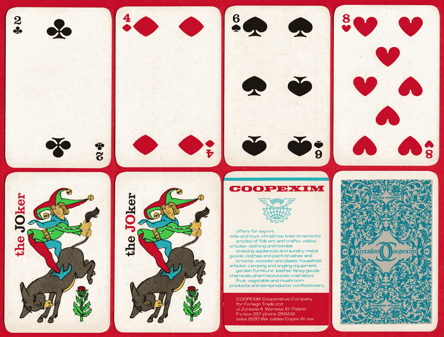Number cards, two identical jokers, a Coopexim advertising card and the blue back from the COOPEXIM pack